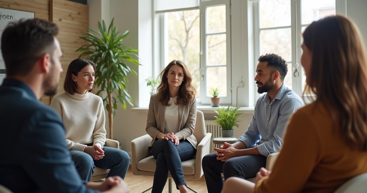 Reunião com líder fala com grupo de pessoas em círculo