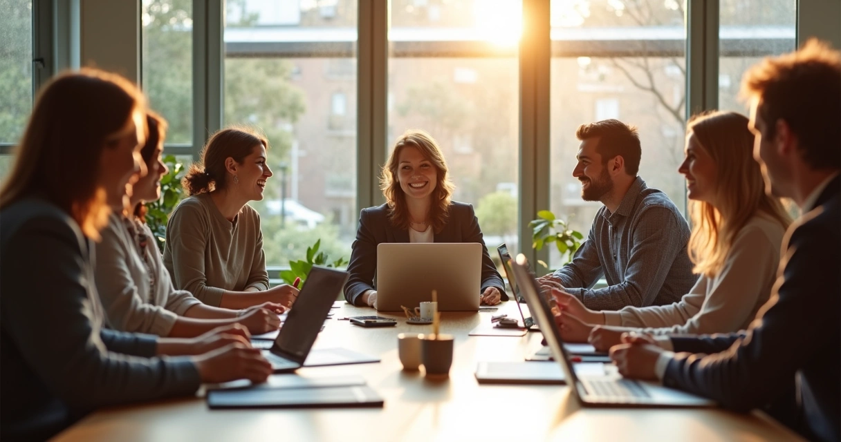 Pessoas de diferentes idades em reunião, sorrindo e colaborando ao redor de uma mesa 