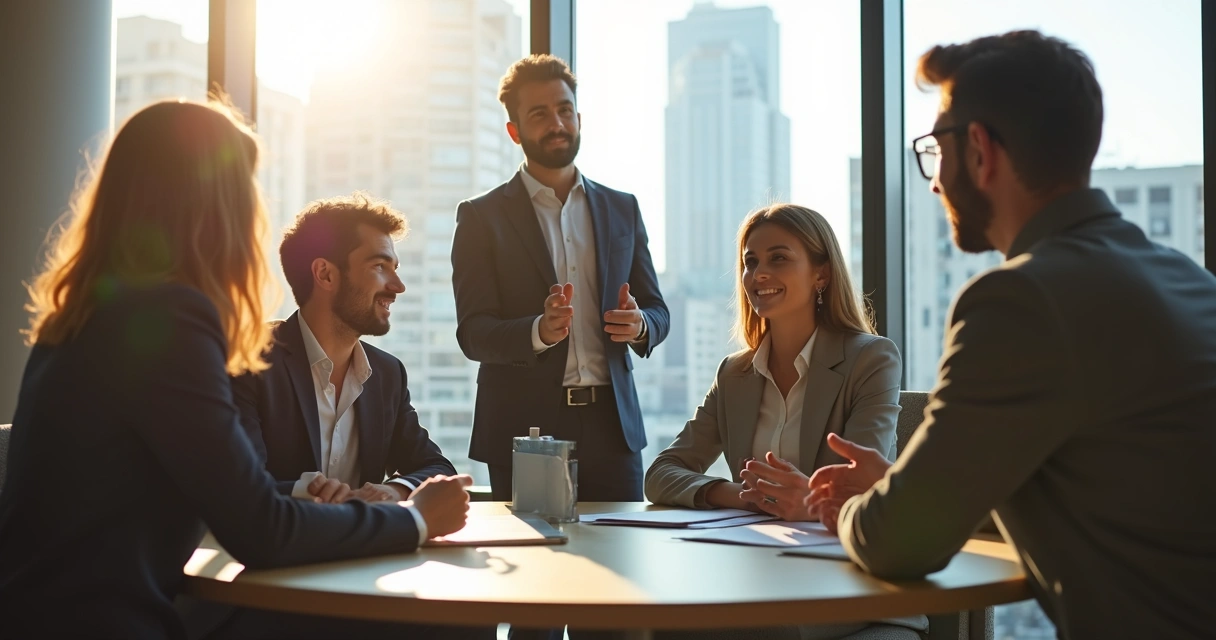 Líder orientando equipe em reunião ao redor de mesa redonda