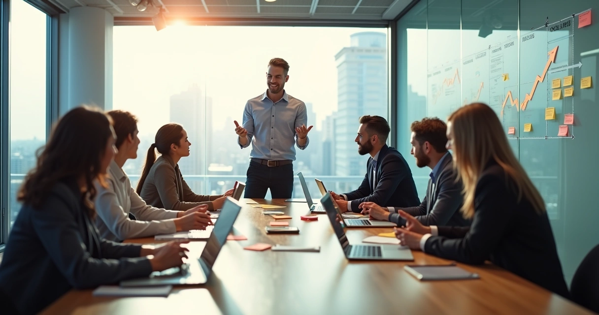Líder e equipe em reunião colaborativa em escritório moderno 