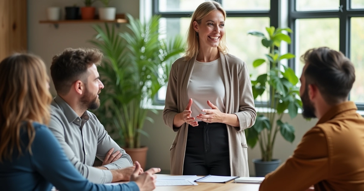 Líder incentivando equipe em ambiente de trabalho saudável, com expressão positiva 