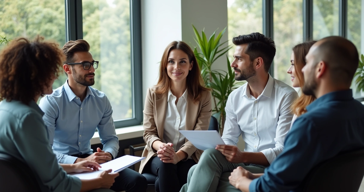 Equipe reunida em círculo, com líder escutando atentamente 