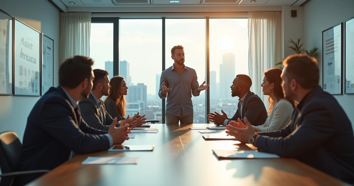 Pessoas reunidas em sala de reunião, líder em pé ouvindo colaboradores em volta da mesa. 