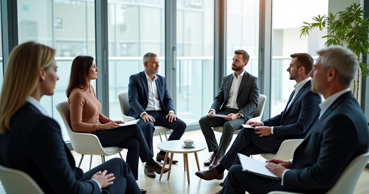 Grupo de líderes corporativos participando de treinamento em ambiente iluminado, todos sentados em círculo, compartilhando ideias. 