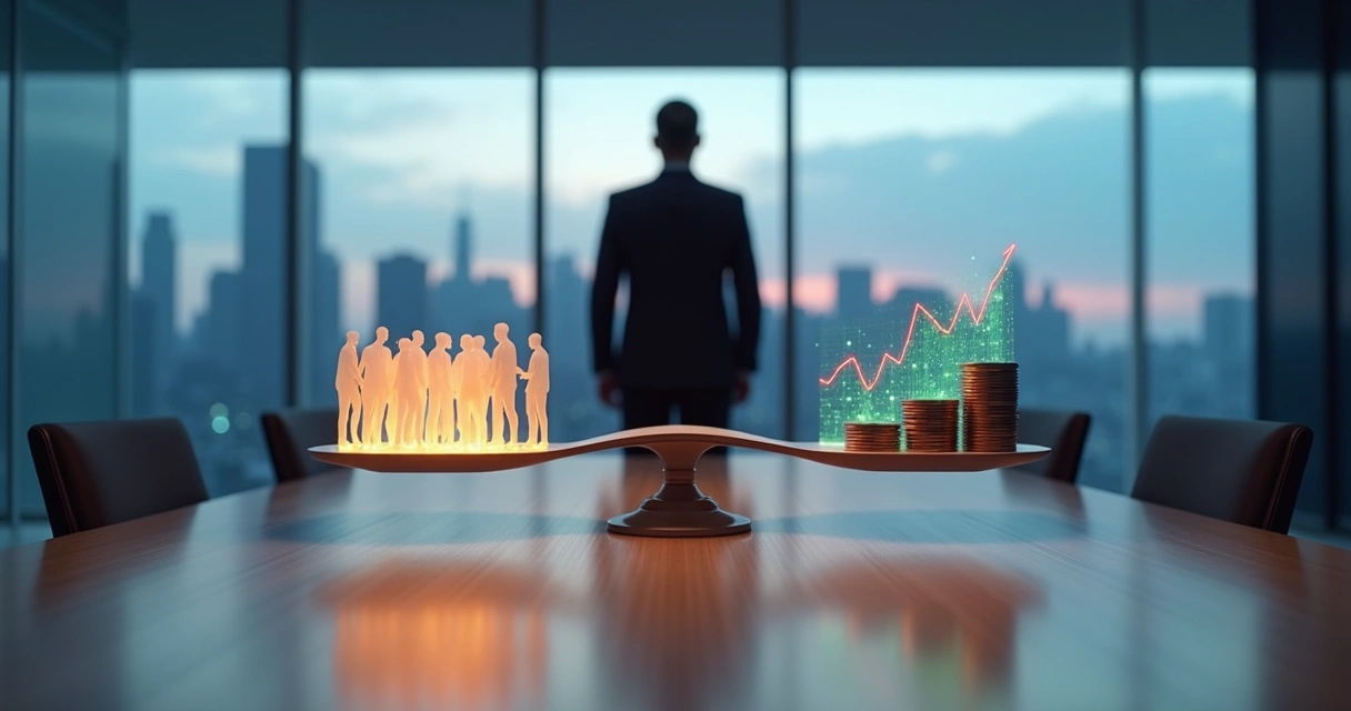 Líder avaliando pessoas de um lado e gráficos financeiros de outro em balança de equilíbrio 