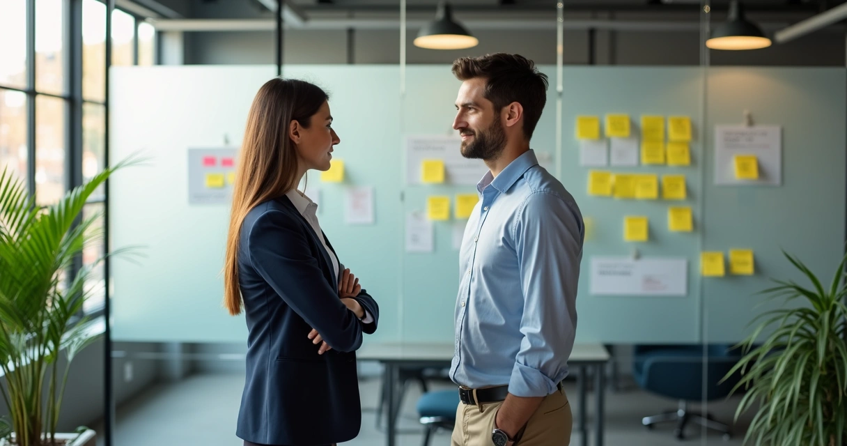 Líder ouvindo atentamente um colaborador, em pé, com quadro de tarefas ao fundo, no ambiente de trabalho ágil 