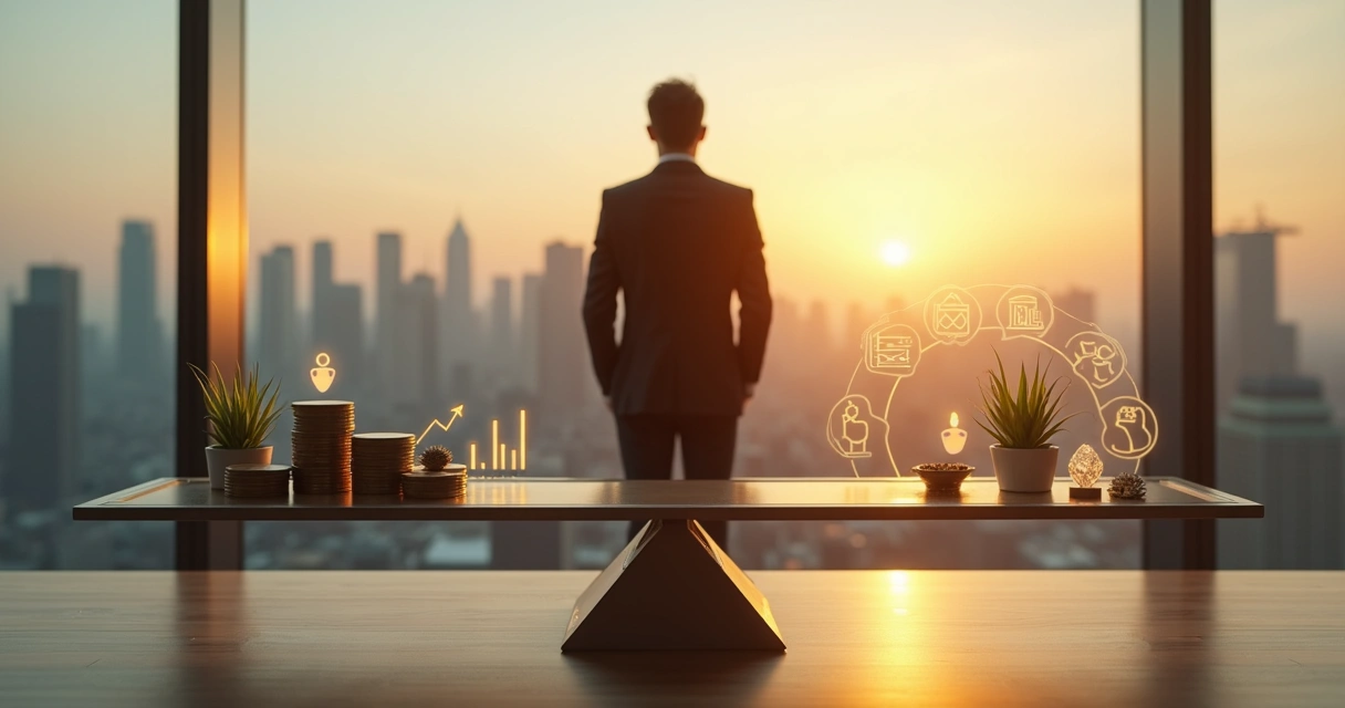 Líder diante de balança que pesa dinheiro e impacto humano em escritório moderno 