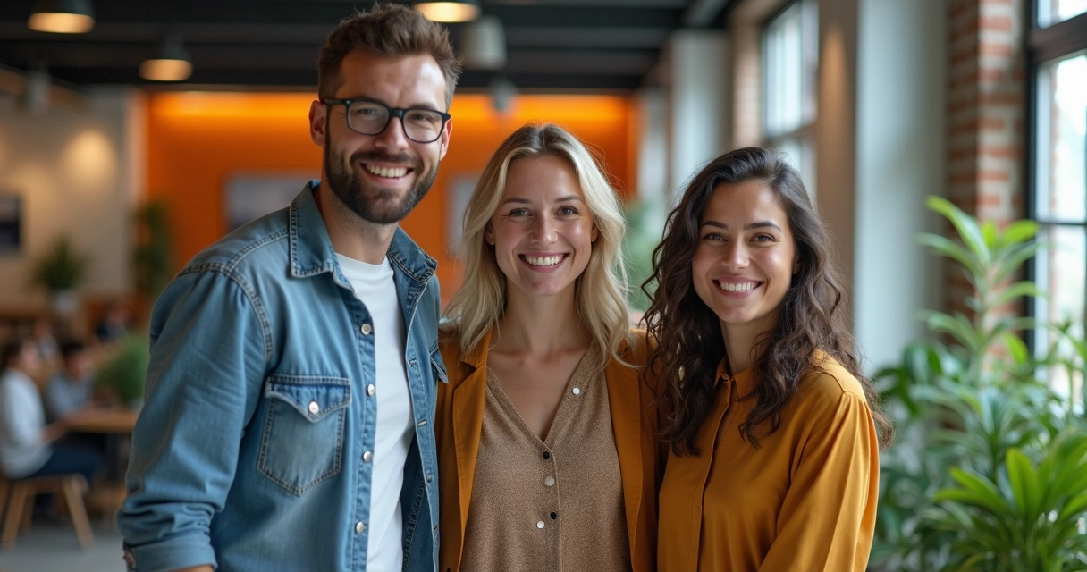 Gestor e equipe sorrindo, clima leve e diverso.