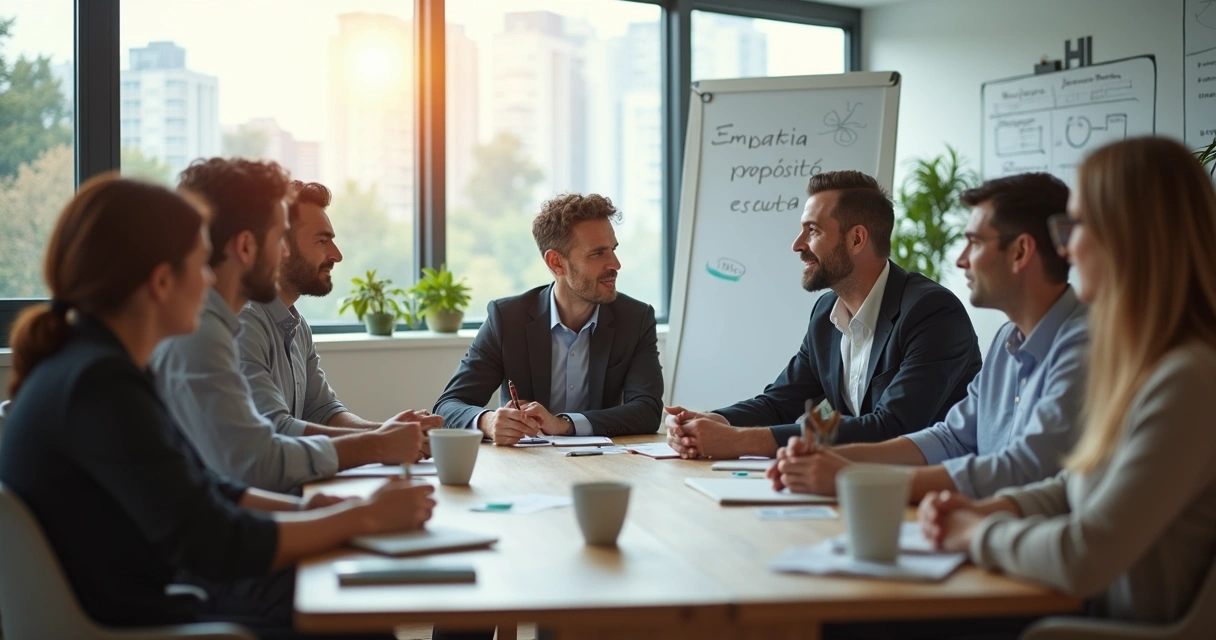 Líder e equipe em reunião descontraída em escritório moderno com foco em conexão humana 
