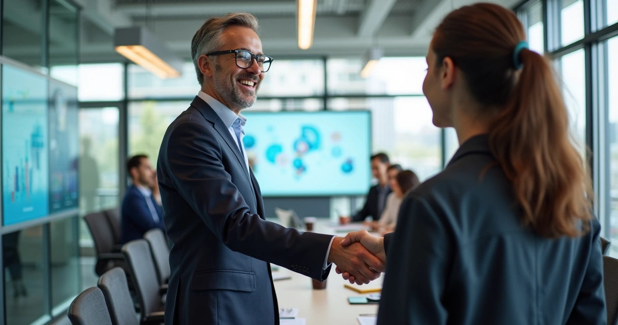 Líder cumprimentando colaborador em ambiente de escritório moderno, com equipe ao fundo. 