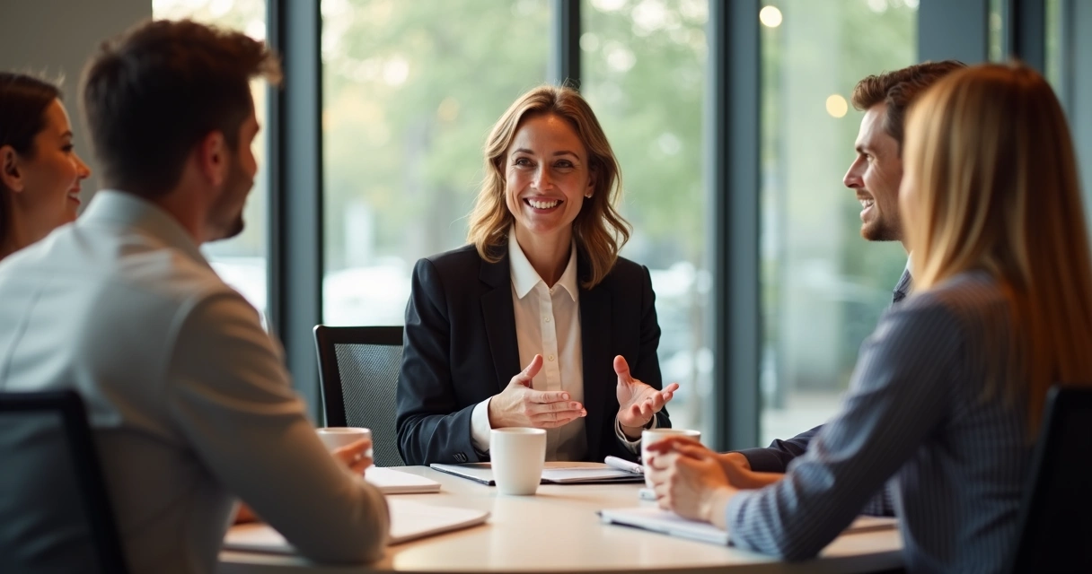 Gestor sorrindo, conversando com equipe em sala de reunião, demonstrando empatia e acolhimento 