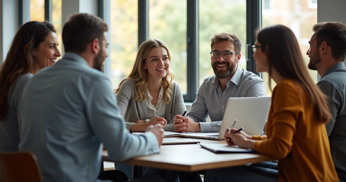 Grupo de profissionais reunidos em círculo em ambiente de escritório, sorrindo e trocando ideias 