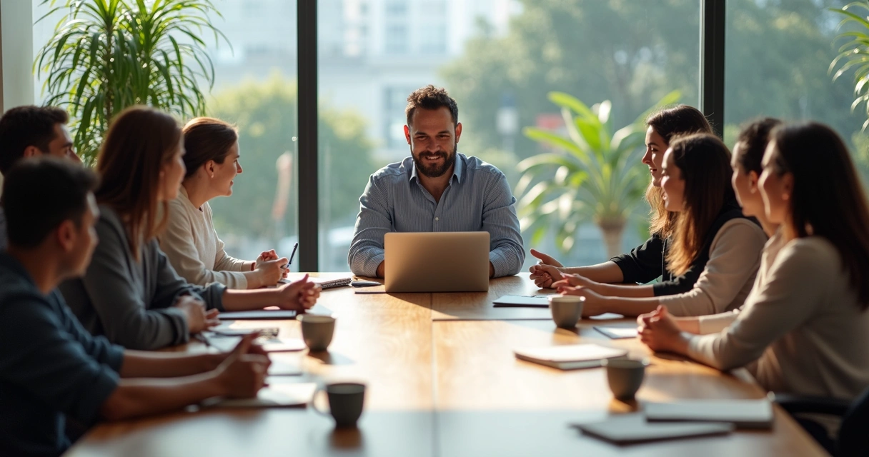 Líder ouvindo equipe em reunião colaborativa em escritório moderno 