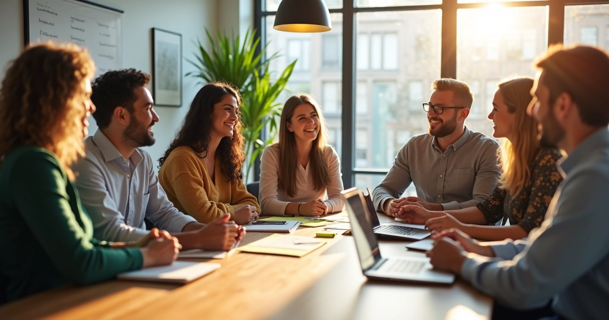 Líder conversa com equipe reunida em sala moderna, sorrindo em clima de confiança, colaboração e respeito 