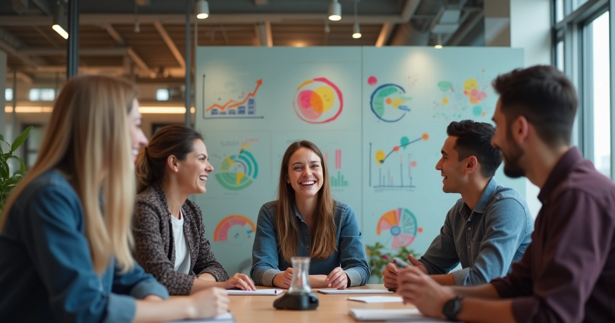 Líder reunido com equipe, ambiente colaborativo, gráficos de indicadores ao fundo