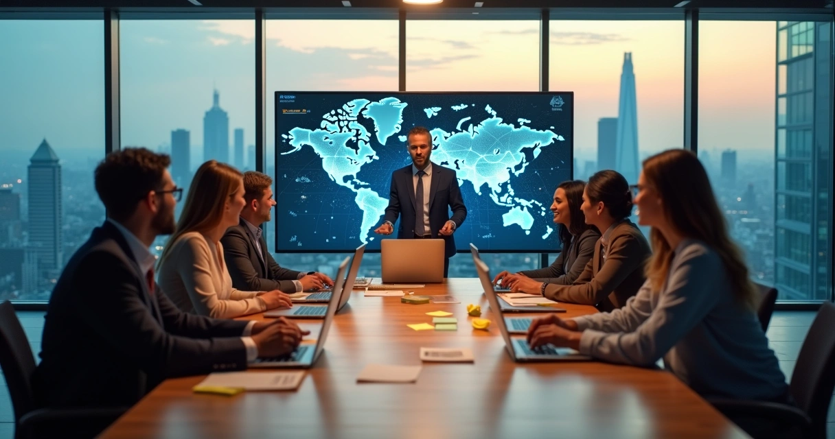 Equipe diversa em reunião estratégica com foco em liderança humanizada e mudanças globais 