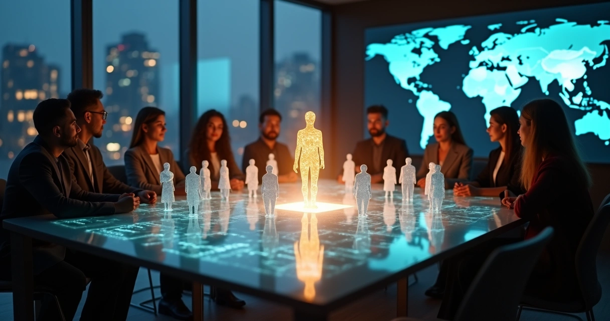 Painel de silhuetas multiculturais projetado em mesa de reunião com pessoa escolhendo líder central 