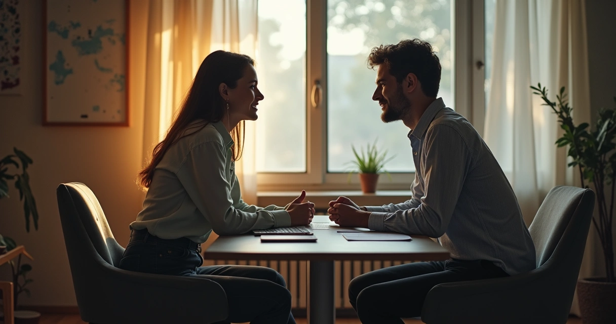 Gestora em conversa empática com colaborador em ambiente de trabalho 