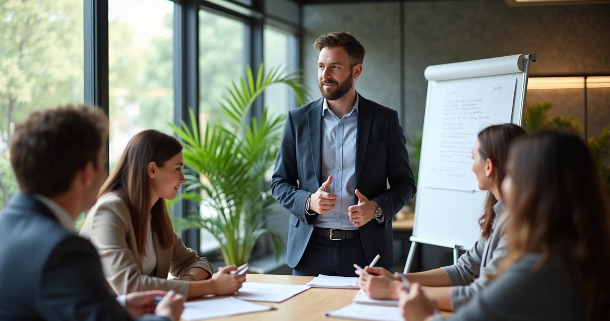 Líder orientando equipe em ambiente colaborativo, clima positivo 