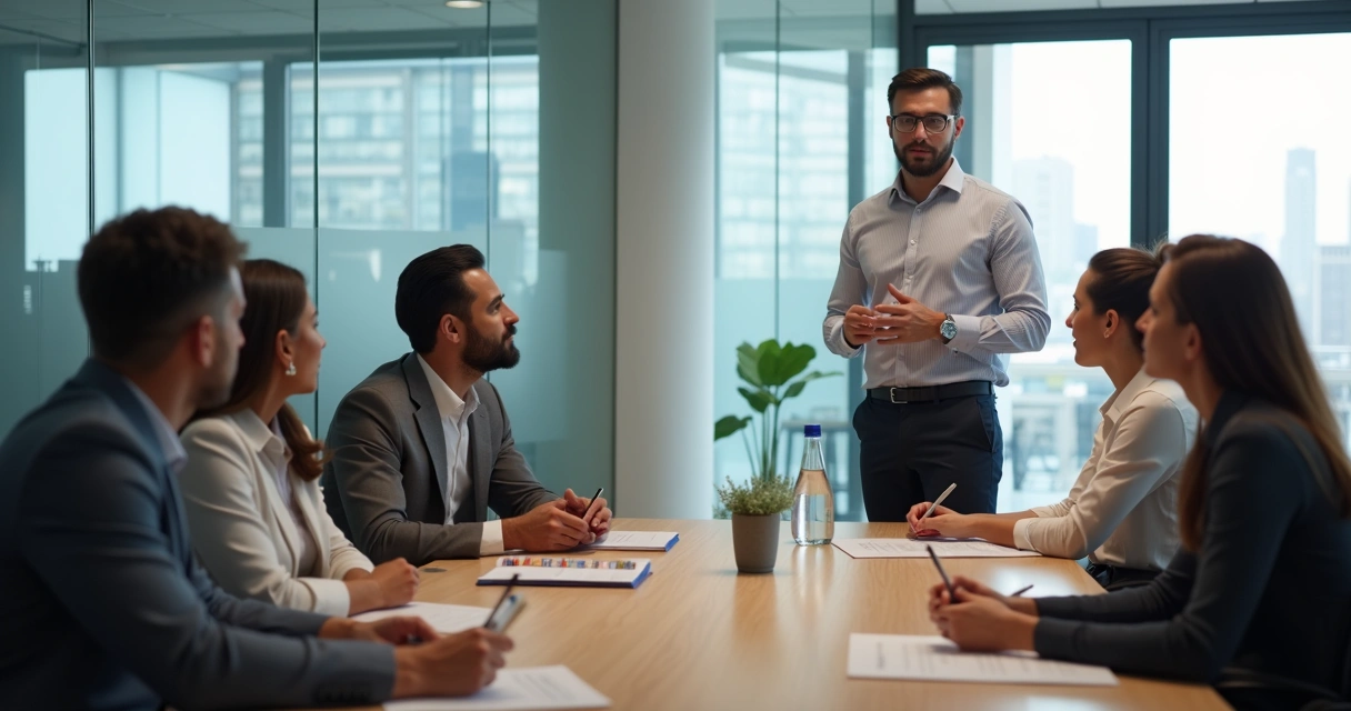 Equipe em reunião ouvindo líder e trocando ideias 