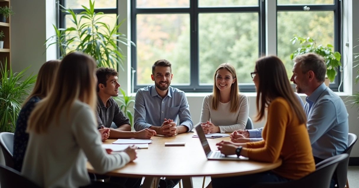 Líder escutando a equipe em círculo na sala de reunião 