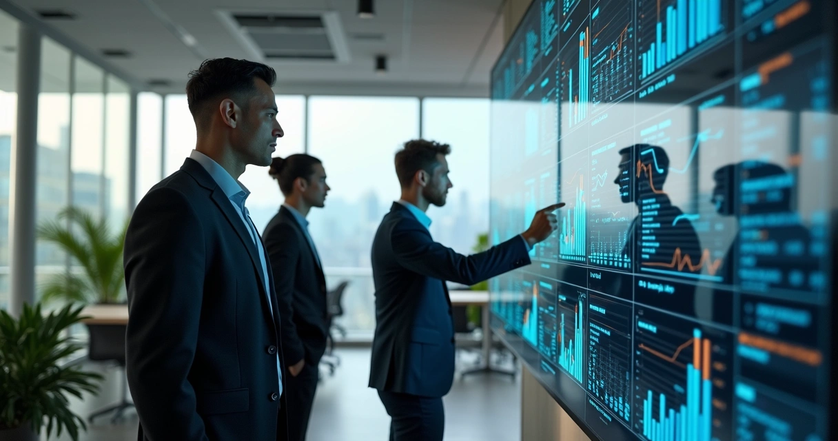 Líder analisando dados em tela com equipe ao redor