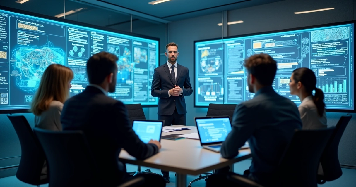 Líder de tecnologia apresentando roadmap com IA para equipe 