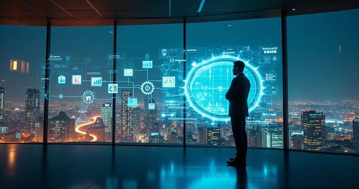 Líder observando holograma de fluxo de trabalho automatizado com IA sobre cidade à noite 