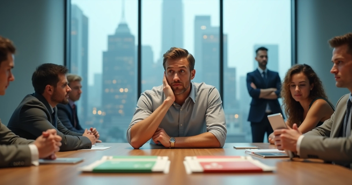 Executivo pensativo diante de duas opções em reunião de negócios 