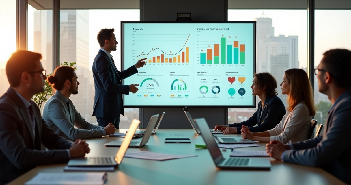 Líder em reunião observando gráficos que medem impacto emocional da equipe 