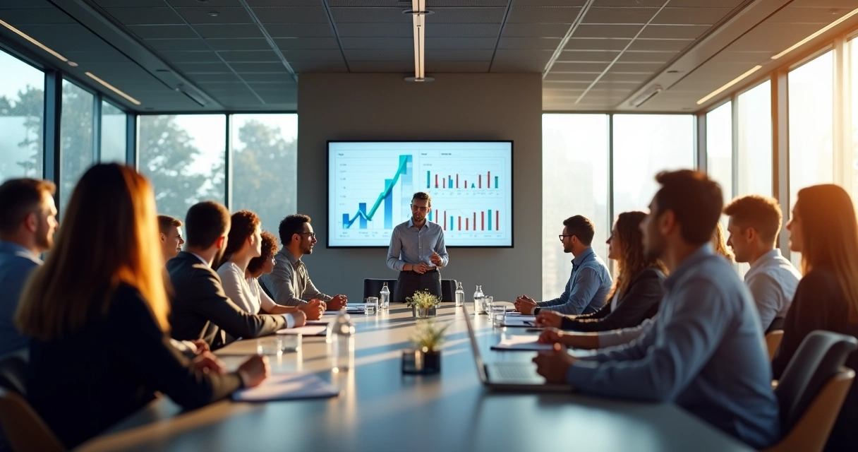 Líder guiando equipe em reunião ao redor de mesa