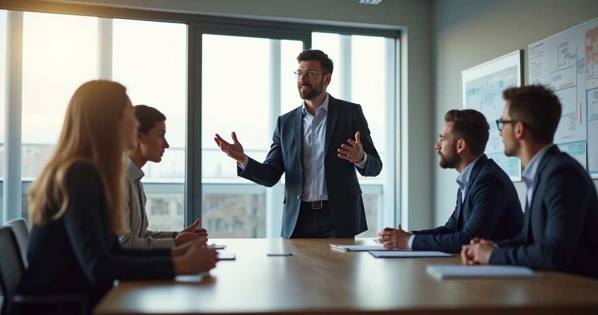 Equipe reunida, líder inspirando confiança e impacto positivo 