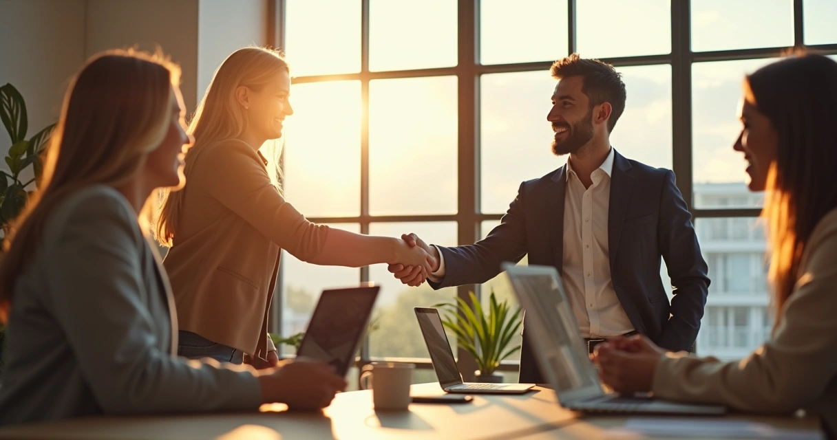 Líder cumprimentando colaborador em ambiente corporativo, transmitindo confiança e impacto humano positivo 