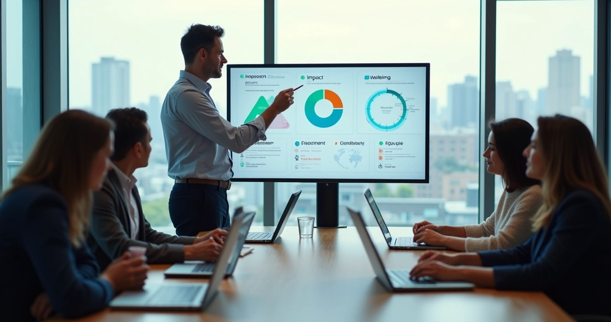 Líder apresentando indicadores de impacto social em reunião corporativa 