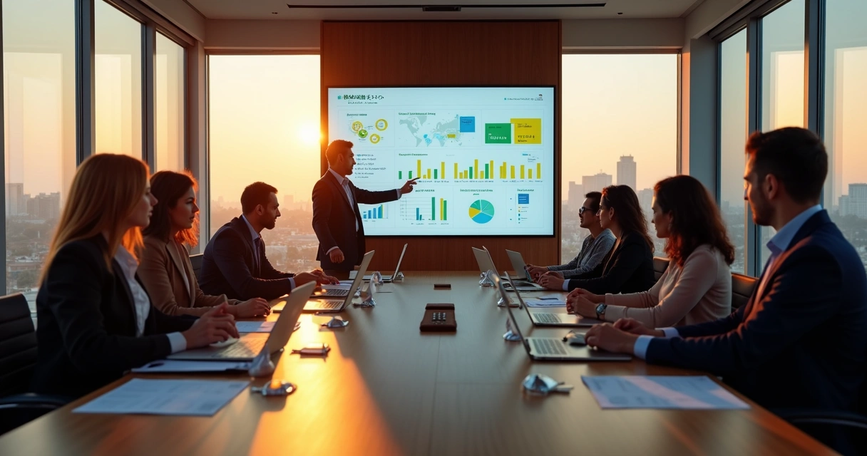 Liderança observando painel de impacto social em reunião de equipe diversa 