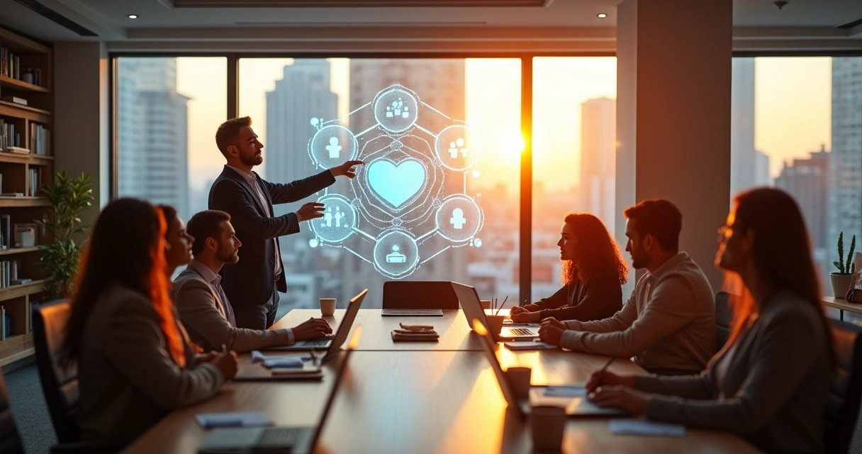 Líder guiando equipe conectada a ícones de impacto social e valor humano 