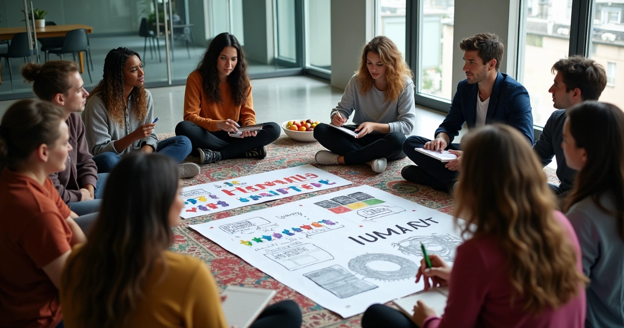 Grupo diverso em círculo discutindo ideias com cartazes de inclusão no chão 