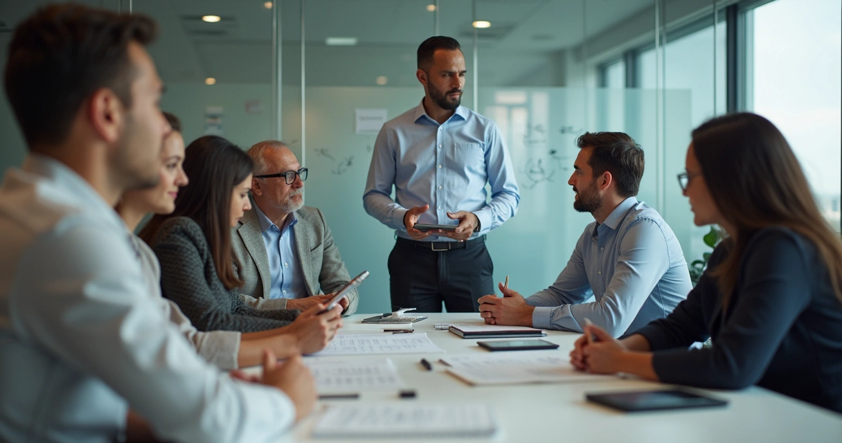 Equipe diversa reunida, líder conduz reunião destacando integração dos membros 