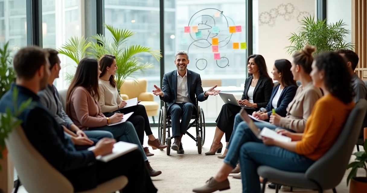 Líder facilita conversa em círculo com equipe diversa em escritório acolhedor 