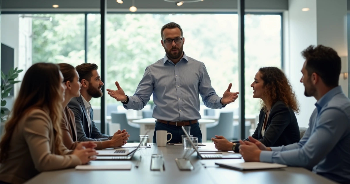 Líder conversando com equipe em escritório moderno