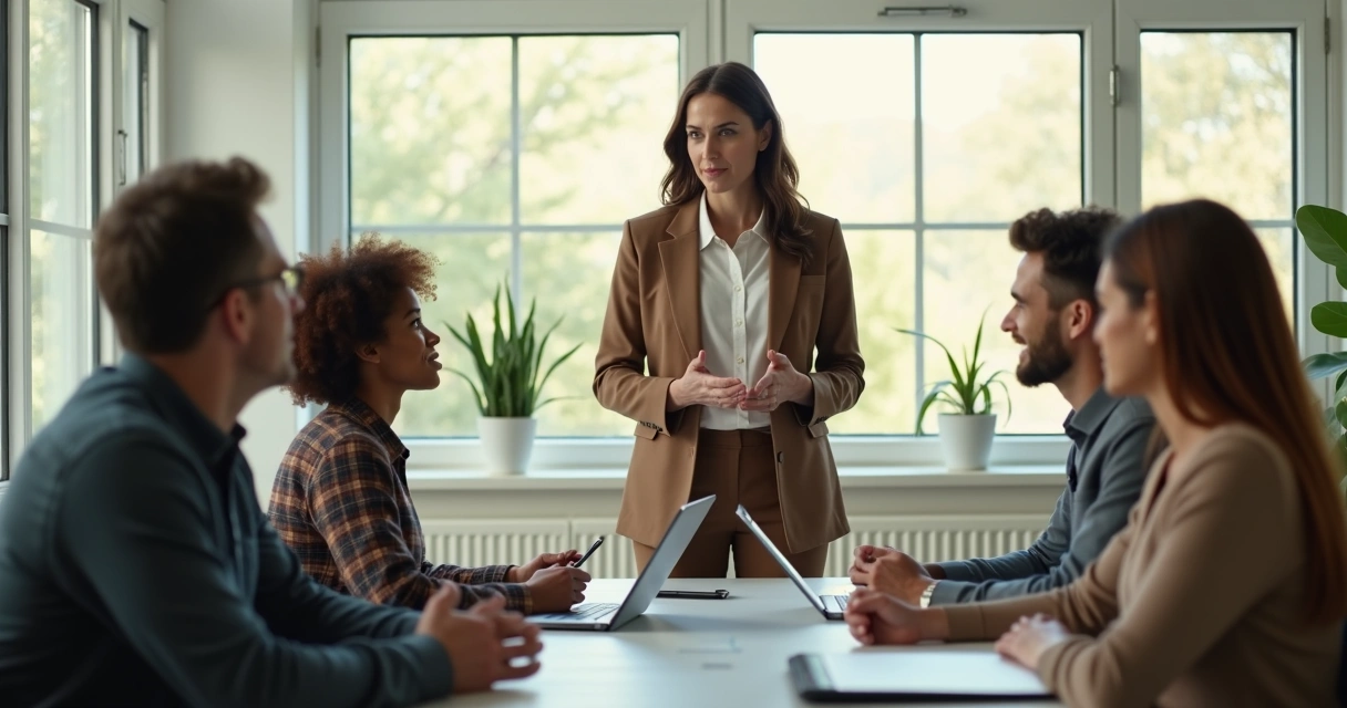 Liderança conversando com equipe diversa em ambiente corporativo
