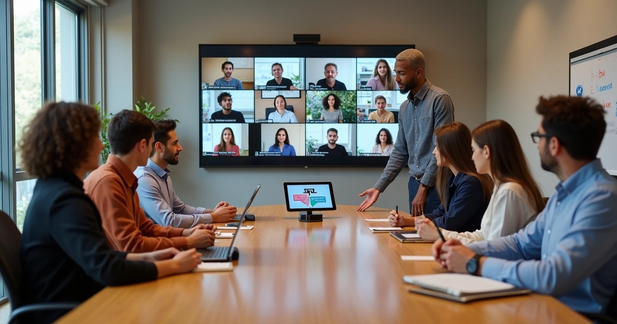 Time híbrido diverso em reunião com participantes na sala e na tela 