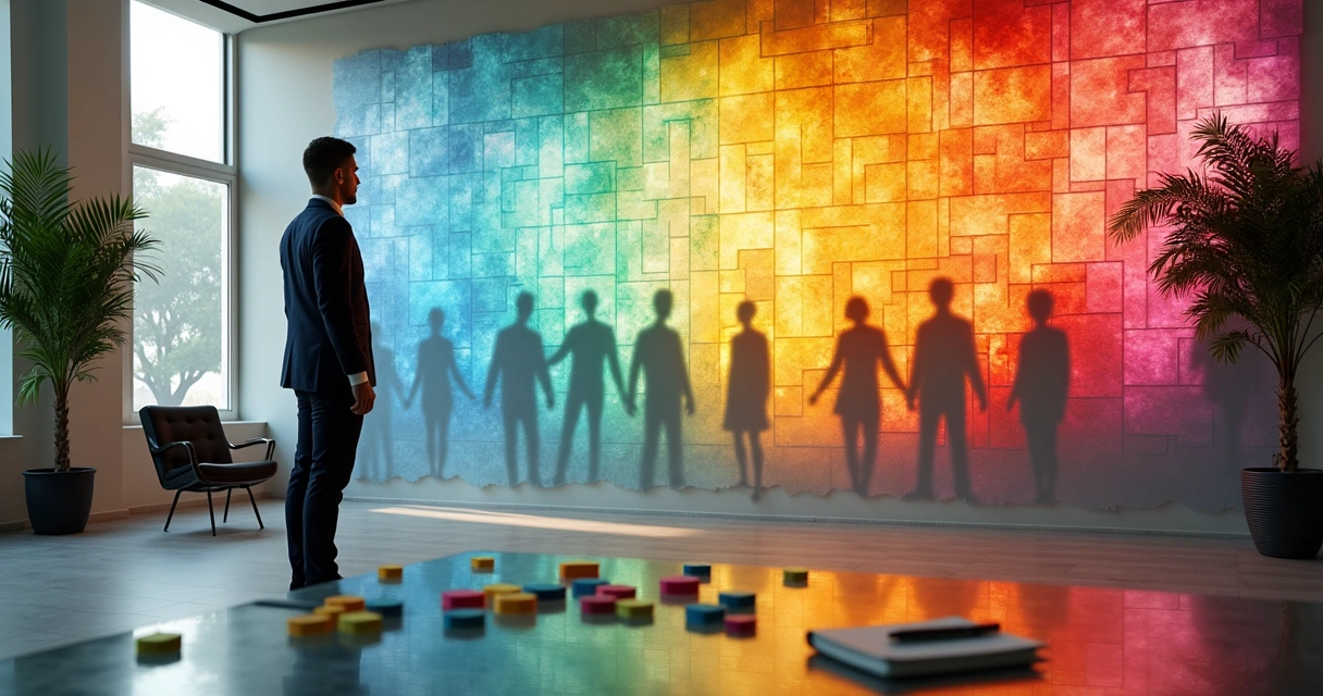 Líder observando mosaico colorido formado por silhuetas diversas em parede corporativa 