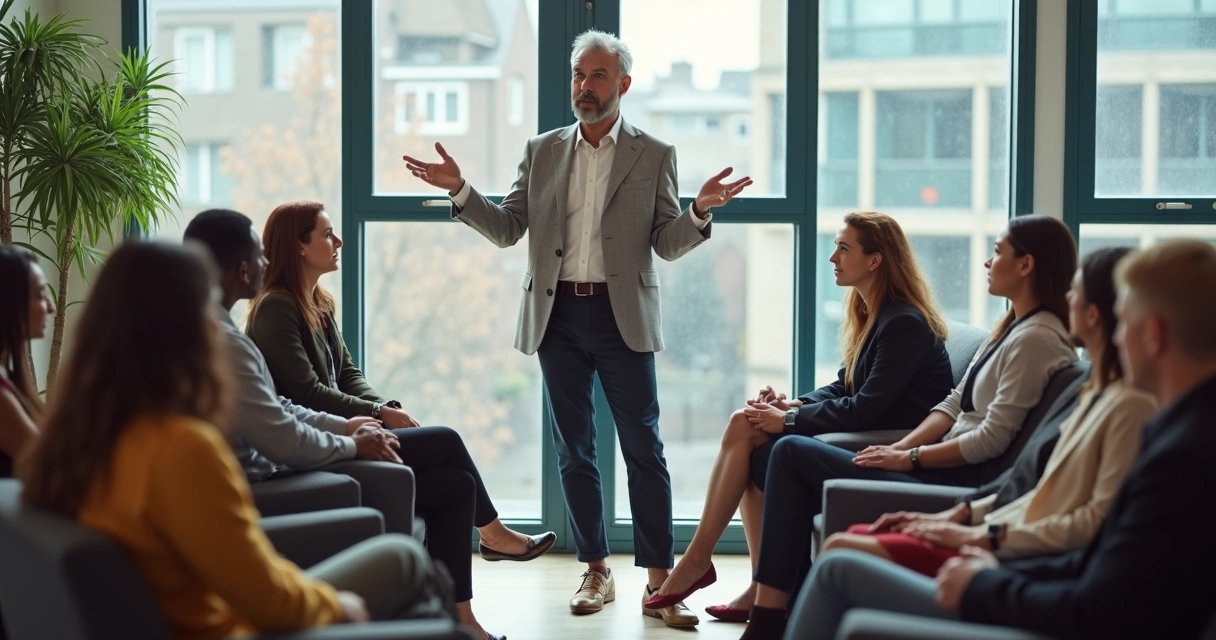 Líder facilitando um debate com equipe de pessoas sentadas formando um círculo 