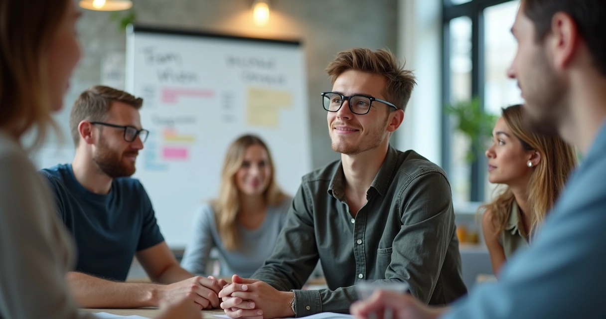 Jovem líder em reunião de equipe ouvindo atentamente colegas em círculo 