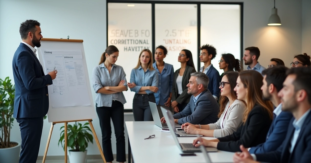 Treinamento de liderança inclusiva com grupo diverso atento a instrutor 