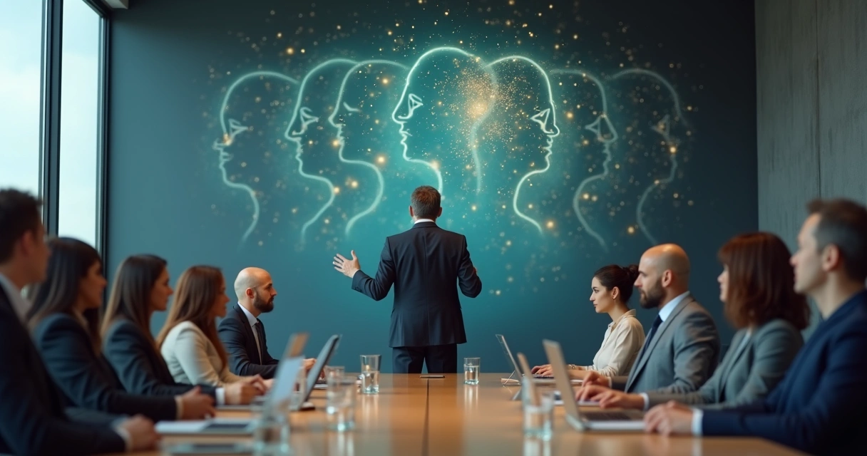 Líder em sala de reunião com silhuetas conectadas por redes ao fundo 