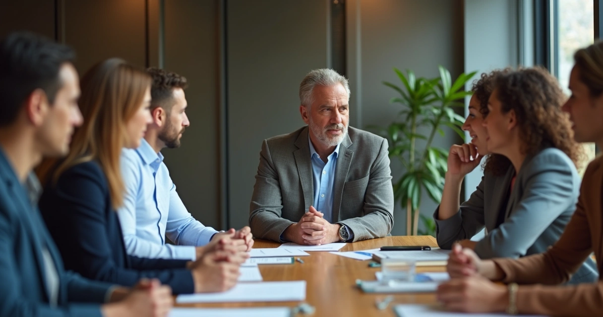 Líder de equipe durante reunião, mostrando expressões variadas entre membros 