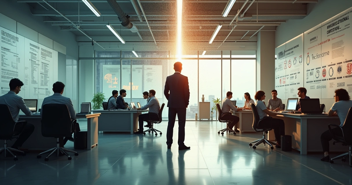 Líder observando duas equipes em contraste dentro do mesmo escritório 