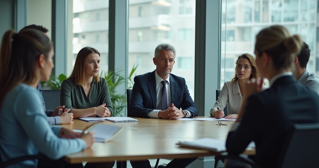 Líder indeciso em reunião, equipe esperando respostas, clima de insegurança 